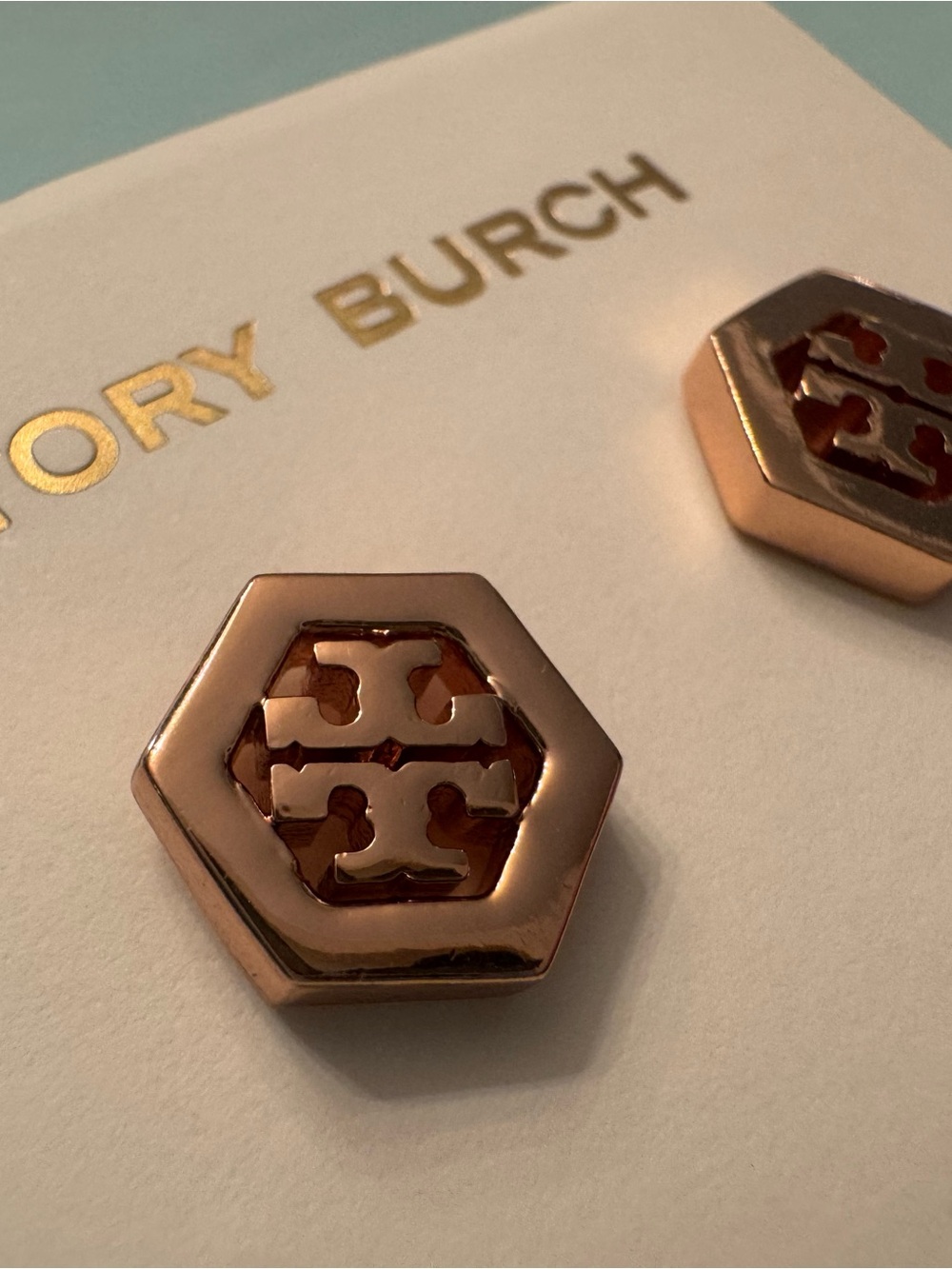 Tory Burch Hexagonal Cutout Logo Studs - Rose Gold Tone